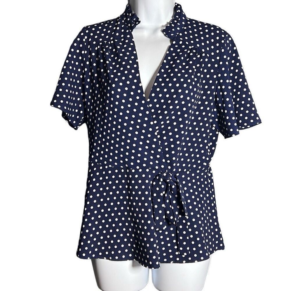 Monteau Los Angeles Women's Polka Dots Short Sleeve Blue Wrap Top Size Large